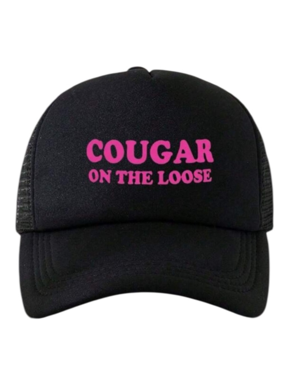 🪷 “Cougar On The Loose” Black Trucker Hat with Pink Text